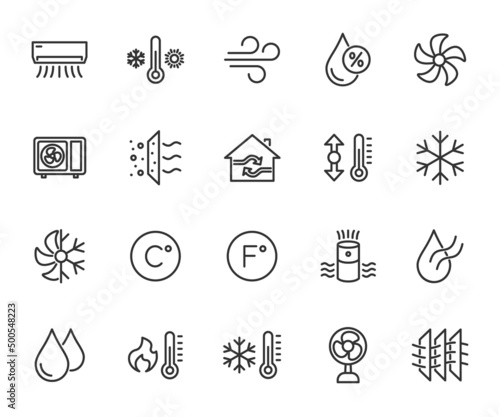 Vector set of air conditioning line icons. Contains icons humidity, air, temperature, air filter, fan, air purifier and more. Pixel perfect.