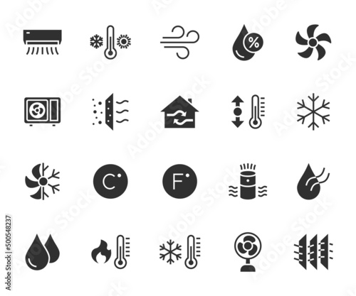 Vector set of air conditioning flat icons. Contains icons humidity, air, temperature, air filter, fan, air purifier and more. Pixel perfect.