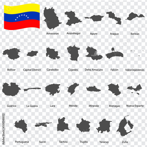 Twenty five Maps  Departments of Venezuela- alphabetical order with name. Every single map of Province are listed and isolated with wordings and titles. Bolivarian Republic of Venezuela. EPS 10. photo