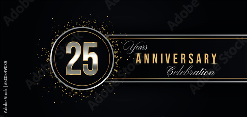 25 Year Anniversary Celebration with Silver and Gold Color for Celebration Events, Wedding, greeting card, birthday party, and Invitation Isolated on Black Background. 25 Years Anniversary Logotype