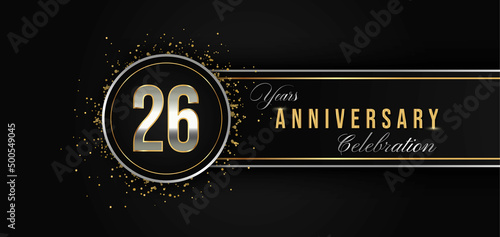 26 Year Anniversary Celebration with Silver and Gold Color for Celebration Events, Wedding, greeting card, birthday party, and Invitation Isolated on Black Background. 26 Years Anniversary Logotype
