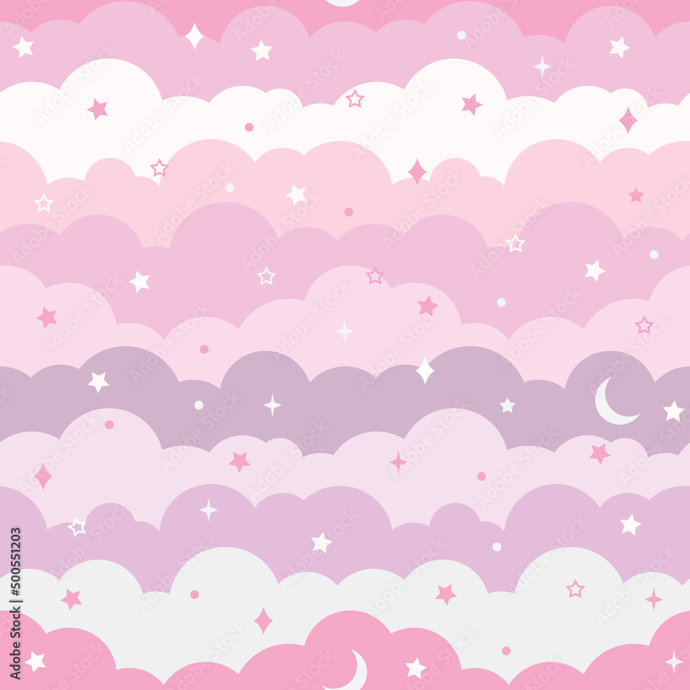 Pink clouds, cute vector pattern, seamless background with stars and moon elements