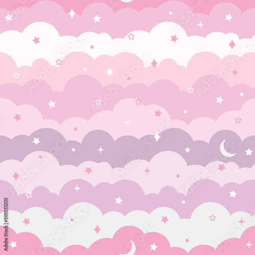 Pink clouds, cute vector pattern, seamless background with stars and moon elements