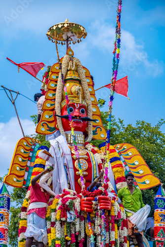 Asian Hindu temple god chariot on street at Pondicherry, Tamil Nadu, South India. Lord Koothandavar Aravan god. photo