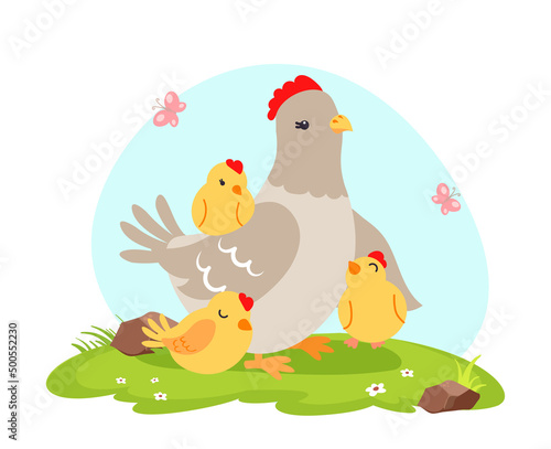 Cute hen with chickens vector flat illustration with landscape isolated on white background. Farm animal cartoon chicken family character on a grass. Funny hen icon. Domestic farm animal card