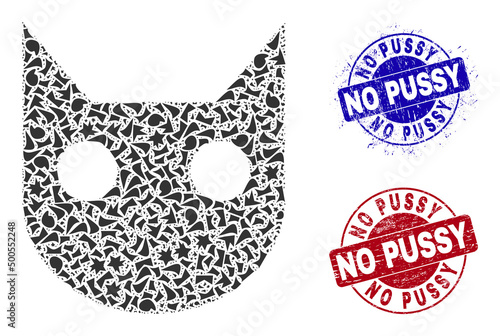 Round NO PUSSY dirty stamp seals with word inside circle shapes, and debris mosaic cat head icon. Blue and red stamp seals includes NO PUSSY caption. Cat head mosaic icon of debris elements.
