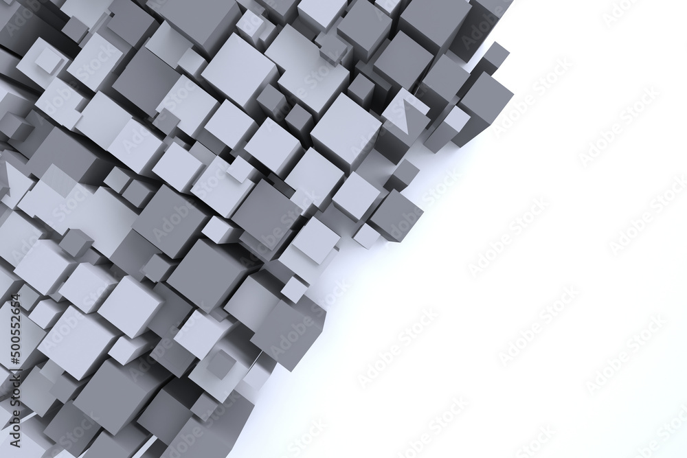 Fototapeta premium 3D render. Diagonal composition of white cubes of different sizes on a white background