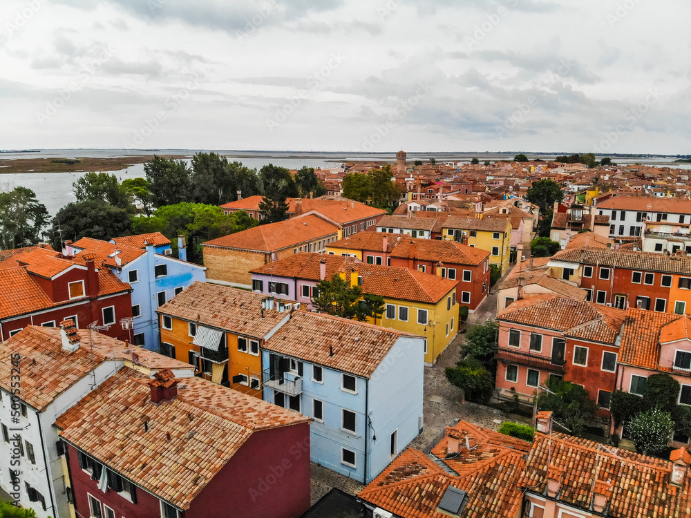 View of Burano's colorful houses from above with a drone 