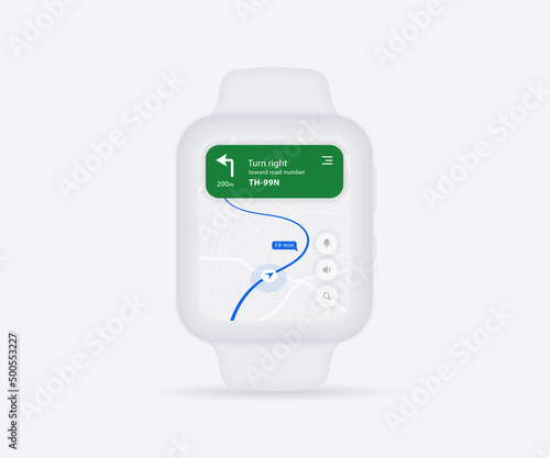 Smartwatch Map GPS navigation app ux ui concept, clock map application, App search map wristwatch, Technology map, City navigate wrist, City street, gps tracking, Location tracker, Vector illustration