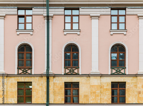 Several windows in a row on the facade of the modern urban apartment building front view, Krasnaya Polyana, Sochi, Krasnodar Krai, Russia 