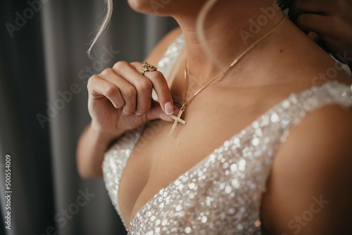 Bride with wedding bouquet. Girl in wedding dress.