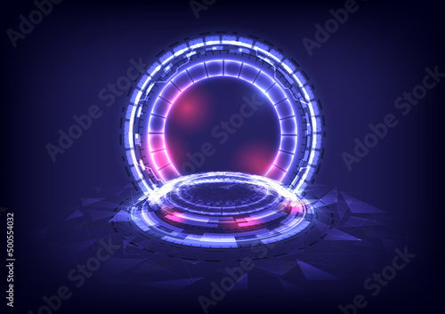 GUI and UI virtual reality. Portal and hologram science futuristic. Sci-fi digital hi-tech in glowing HUD projector. Magic gate in game fantasy. Circle teleport podium. Vector illustrator