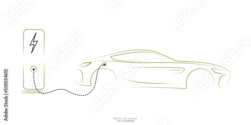 Electric car with charging stations by sketch line side view green colors isolated on white background. Vector illustration in concept green energy