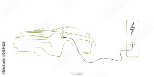Electric car with charging stations by sketch line back view green colors isolated on white background. Vector illustration in concept green energy