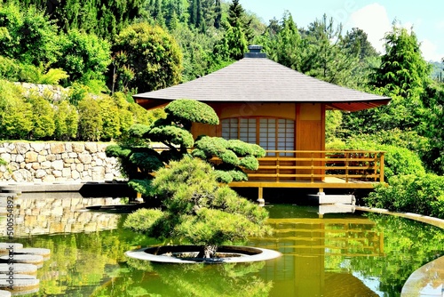 Japanese landscape. Japanese style house in a beautiful park