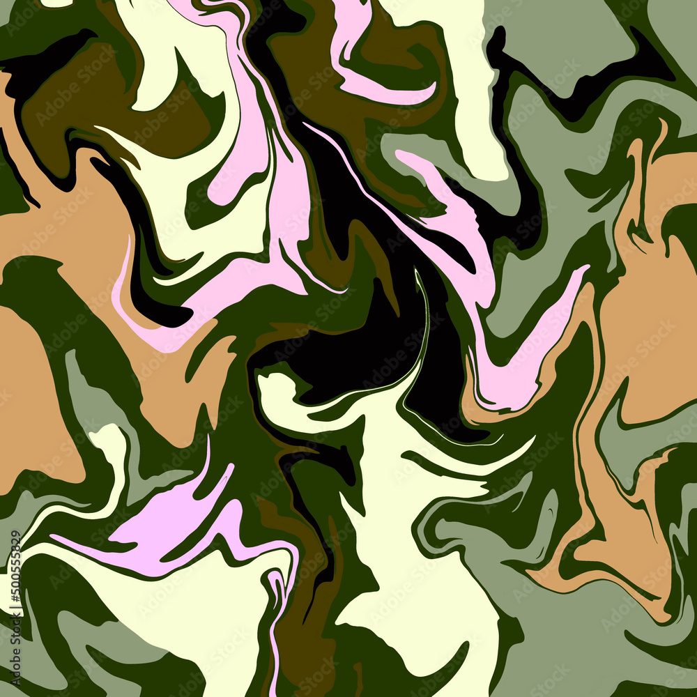 Abstract marble background Green camouflage texture of dynamic interlaced curved shapes and lines