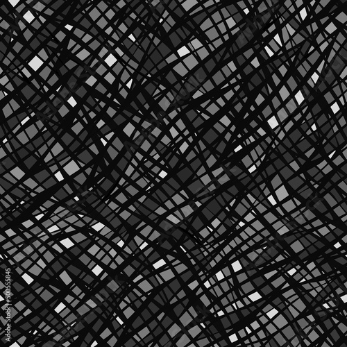 Dark monochrome abstract geometric seamless pattern with chaotic interlaced lines and figures