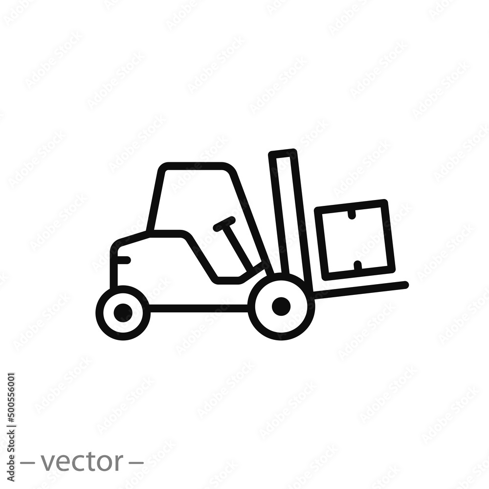 forklift icon, warehouse delivery, worker truck lift, thin line symbol on white background - editable stroke vector illustration