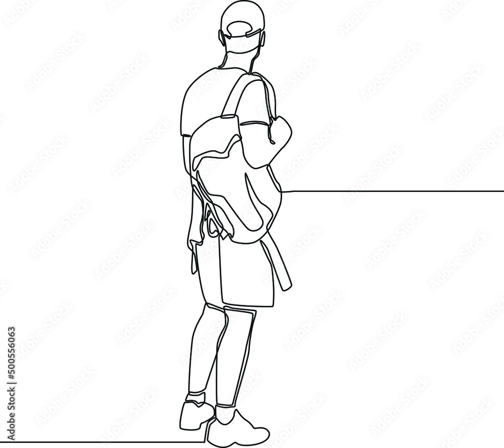 Continuous one line drawing Young traveling backpacker with cap. Happy travelling. Single line draw design vector graphic illustration.
