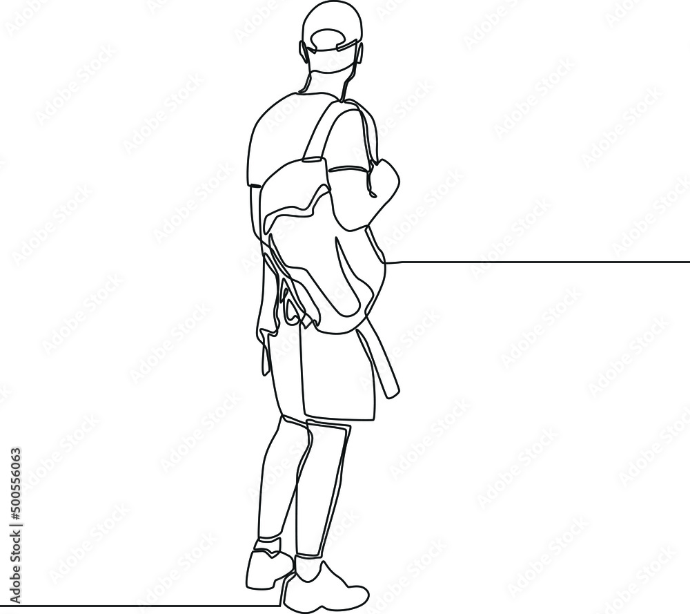 Continuous one line drawing Young traveling backpacker with cap. Happy travelling. Single line draw design vector graphic illustration. Continuous one line drawing Young traveling backpacker with cap. Happy travelling. Single line draw design vector graphic illustration.
