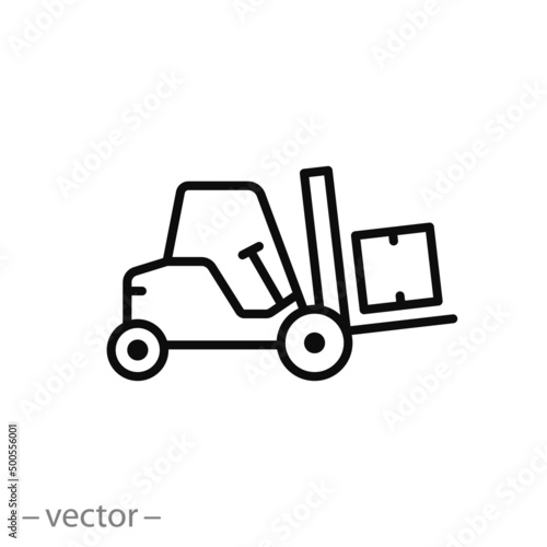 forklift icon, warehouse delivery, worker truck lift, thin line symbol on white background - editable stroke vector illustration