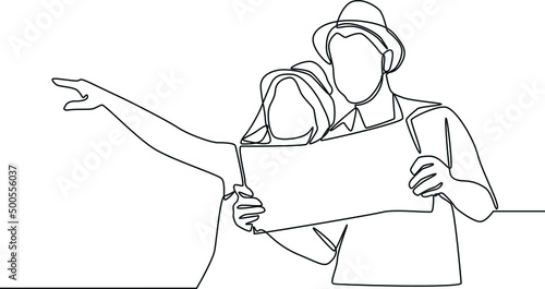 Continuous one line drawing Happy tourists sightseeing city with map. Happy travelling. Single line draw design vector graphic illustration.