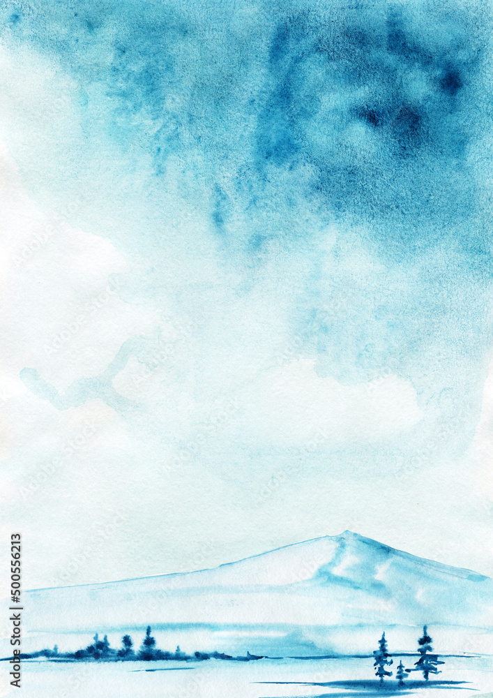 Poster with a watercolor green background with mountains, trees, lakes. Suitable for greeting cards, invitations, design works, crafts and is perfect Poster with a watercolor green background with mountains, trees, lakes. Suitable for greeting cards, invitations, design works, crafts and is perfect