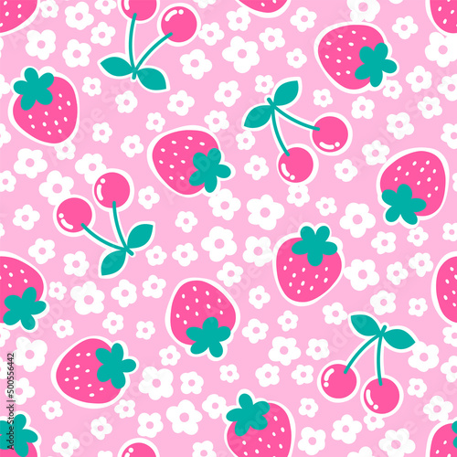 Cute strawberry, cherry and flower seamless pattern with pink background.