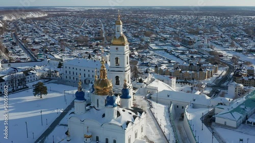 Tobolsk in winter. Tobolsk Kremlin - the sole stone fortress in Siberia. Aerial view.