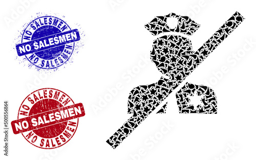 Round NO SALESMEN unclean rubber prints with word inside round forms, and debris mosaic blacklisted police icon. Blue and red seals includes NO SALESMEN title.