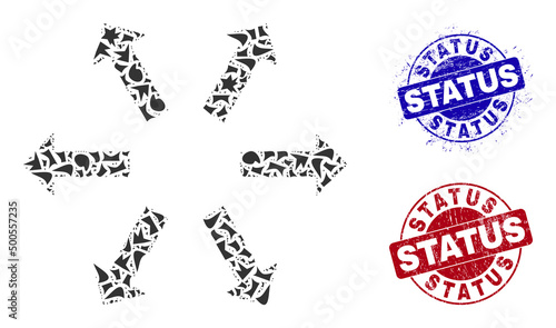 Round STATUS dirty stamp prints with text inside circle forms, and shard mosaic radial arrows icon. Blue and red stamp seals includes STATUS text. Radial arrows mosaic icon of fragment parts.