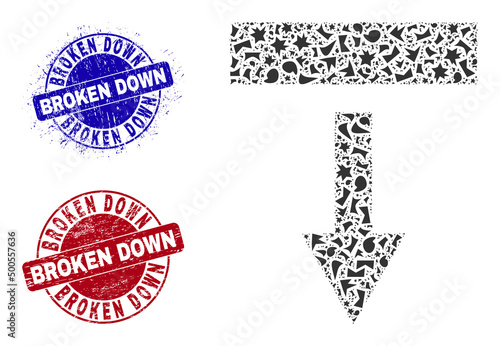 Round BROKEN DOWN rough stamp seals with word inside round shapes, and debris mosaic pull down icon. Blue and red stamp seals includes BROKEN DOWN tag. Pull down mosaic icon of spall items.