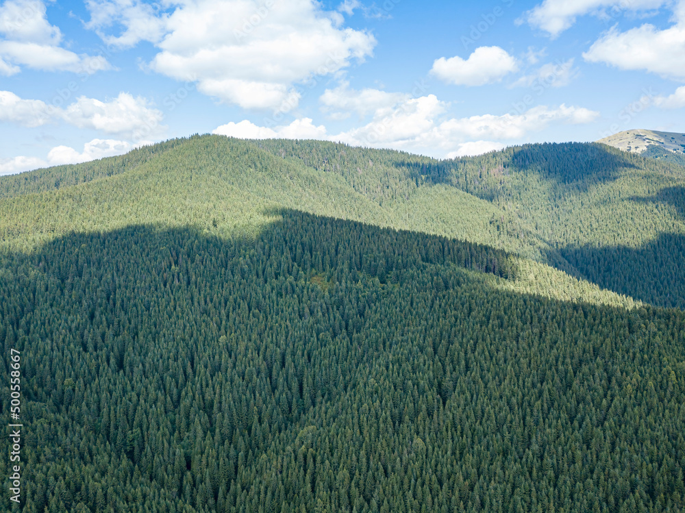 High mountains of the Ukrainian Carpathians in sunny weather. Aerial drone view.
