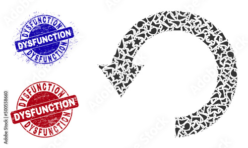 Round DYSFUNCTION unclean stamp imitations with tag inside round forms, and detritus mosaic rotate down icon. Blue and red stamp seals includes DYSFUNCTION tag.