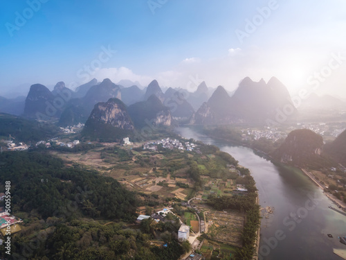 Aerial photography of Guilin landscape and pastoral scenery