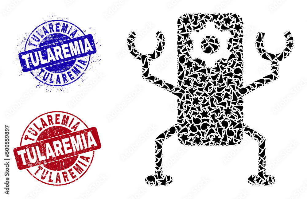 Fototapeta premium Round TULAREMIA rough watermarks with caption inside round shapes, and debris mosaic nanobot icon. Blue and red seals includes TULAREMIA caption. Nanobot mosaic icon of debris particles.