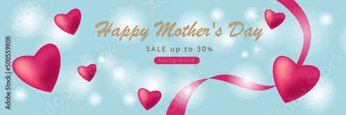 light blue background for mother's day with pink hearts and ribbon