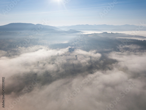 Morning fog in the Ukrainian Carpathians. Aerial drone view.