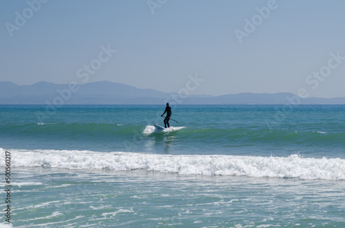 Stand up paddle boarder in wetsuit in spring