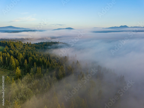 Foggy summer morning in the Ukrainian Carpathians. Aerial drone view.