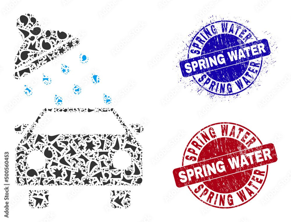 Round SPRING WATER rough stamp seals with tag inside round forms, and shard mosaic car wash icon. Blue and red stamp seals includes SPRING WATER caption. Car wash mosaic icon of fraction parts.