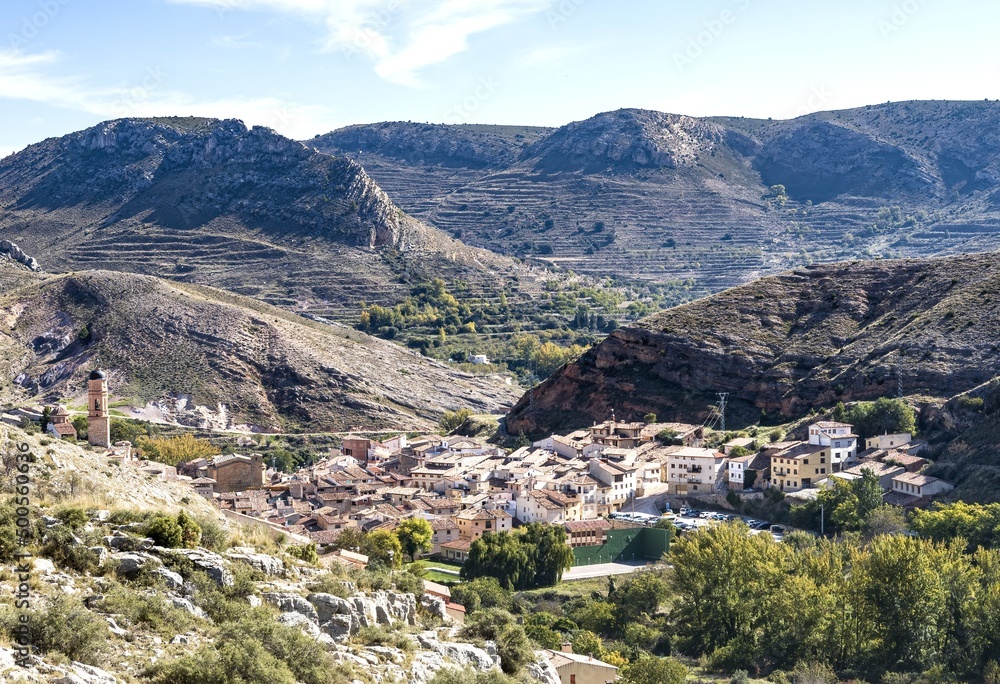 Molinos, Maestrazgo, Teruel, Aragon, Spain, picturesque and beautiful town nestled between the mountains with karstic formations