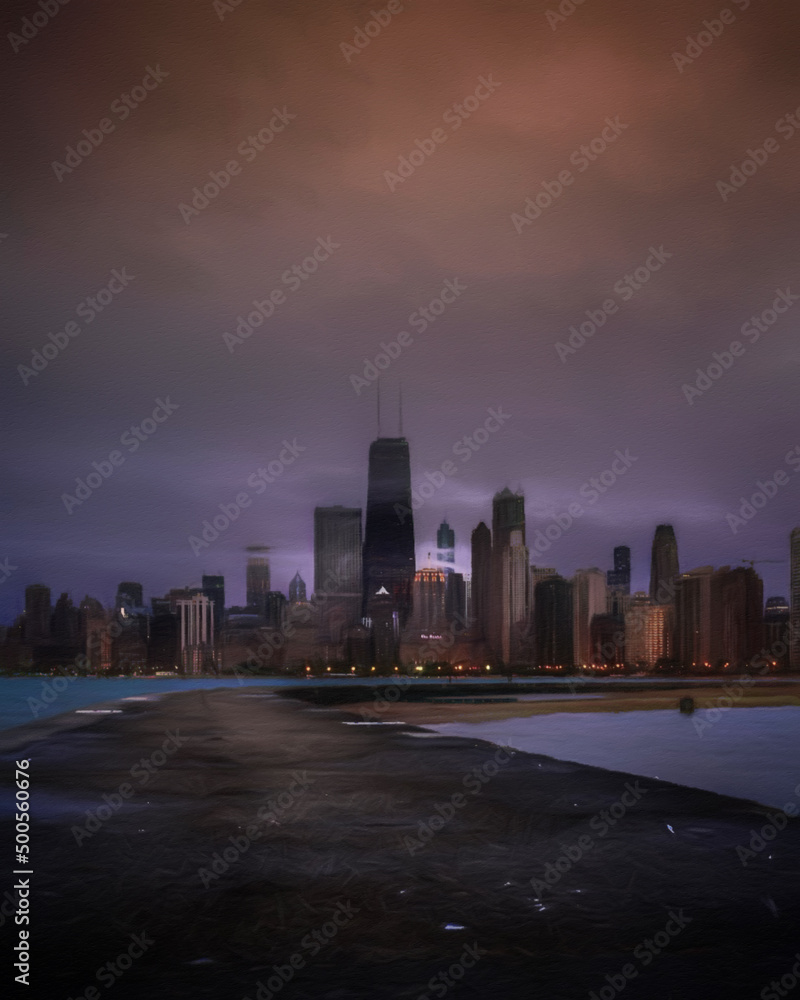 Obraz premium Chicago USA city center skyscrapers and architecture, America travel downtown, drawing in oil wall art print for canvas or paper poster, tourism production design real painting modern artistic artwork