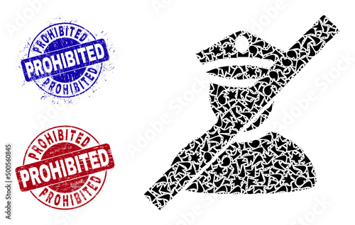 Round PROHIBITED rubber stamp imitations with text inside circle shapes, and debris mosaic not allowed police icon. Blue and red stamps includes PROHIBITED title.