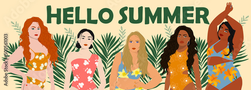 Women in swimming suits  near palm leaves. Hello summer banner. Vector illustration