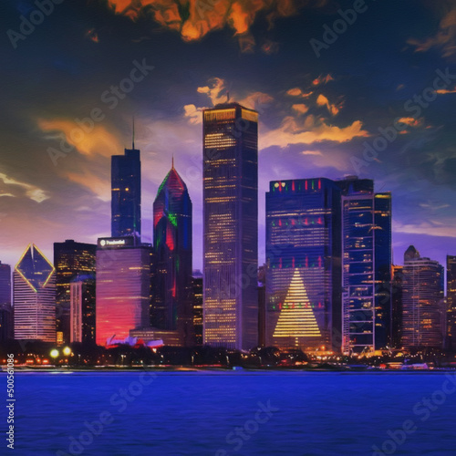 Chicago USA city center skyscrapers and architecture  America travel downtown  drawing in oil wall art print for canvas or paper poster  tourism production design real painting modern artistic artwork