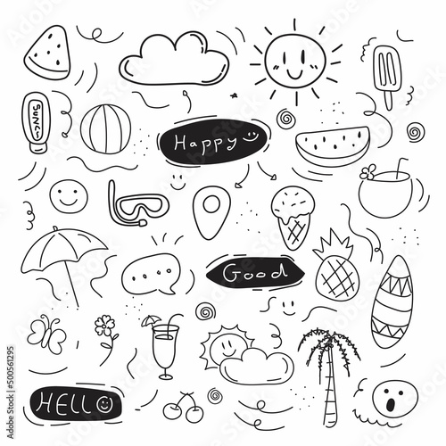 vector doodles set summer icons. hand drawn doodle style. sun, palm tree, umbrella, ice cream, ball.