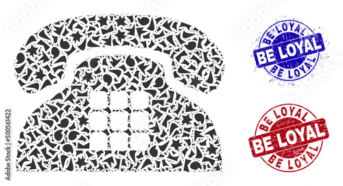 Round BE LOYAL unclean seals with caption inside round forms, and fragment mosaic tone phone icon. Blue and red stamp seals includes BE LOYAL title. Tone phone mosaic icon of shatter parts.