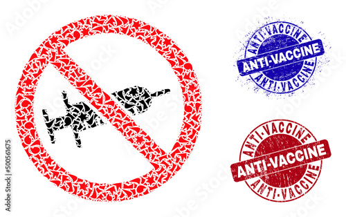 Round ANTI-VACCINE dirty stamp imitations with caption inside round forms, and shard mosaic no syringe drugs icon. Blue and red stamps includes ANTI-VACCINE caption.