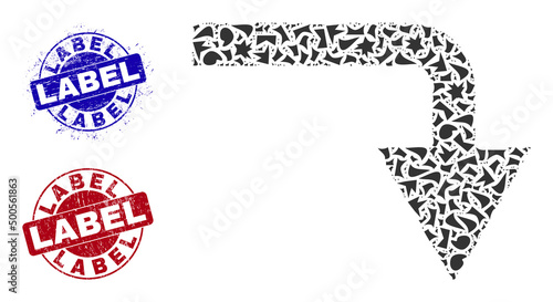 Round LABEL unclean stamp seals with word inside round shapes, and fraction mosaic turn down icon. Blue and red seals includes LABEL tag. Turn down mosaic icon of shard elements.